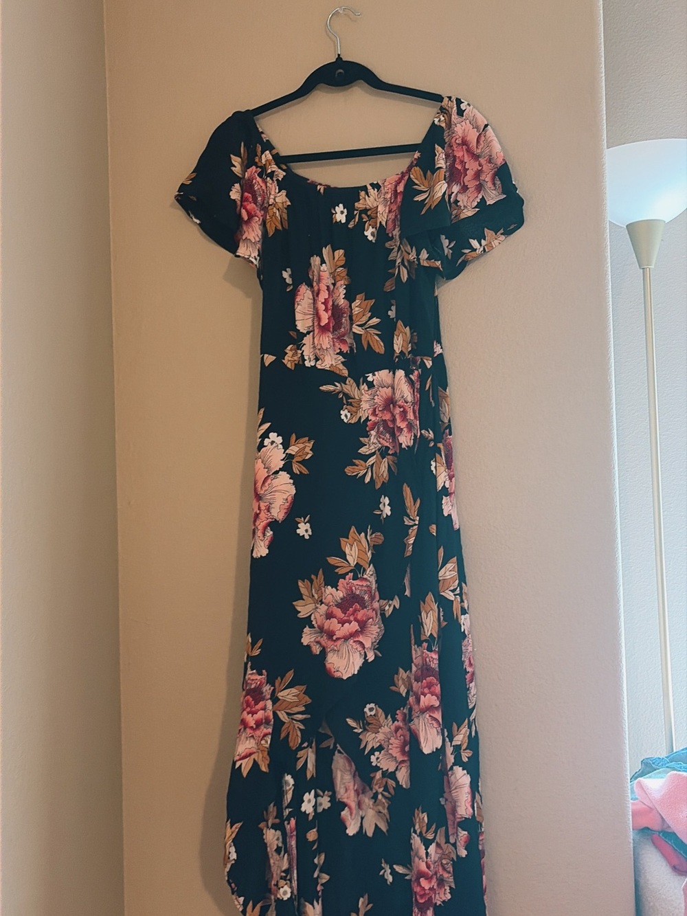 Maurices Black Maxi Dress with Pink and Gold Floral Print